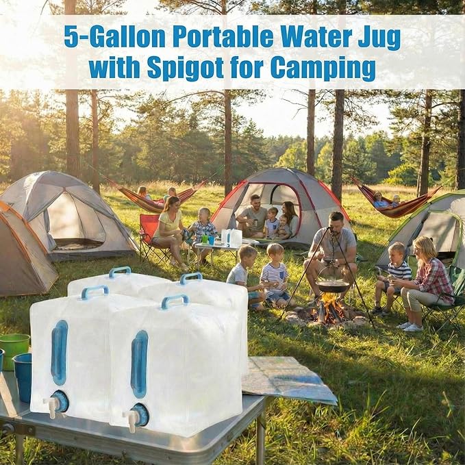 4-Pack 5.3Gal Collapsible Water Containers with Spigot - Labor-Saving Dual Handles - BPA Free Food Grade Canteen for Outdoor Hiking, Camping, Emergency - Portable, Foldable