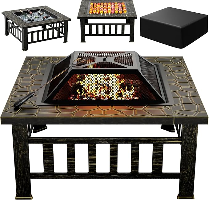 Greesum Multifunctional Patio Fire Pit Table, 32in Square Metal BBQ Firepit Stove Backyard Garden Fireplace with Spark Screen Lid and Rain Cover for Camping, Bonfire and Picnic, Copper Green
