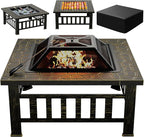 Greesum Multifunctional Patio Fire Pit Table, 32in Square Metal BBQ Firepit Stove Backyard Garden Fireplace with Spark Screen Lid and Rain Cover for Camping, Bonfire and Picnic, Copper Green