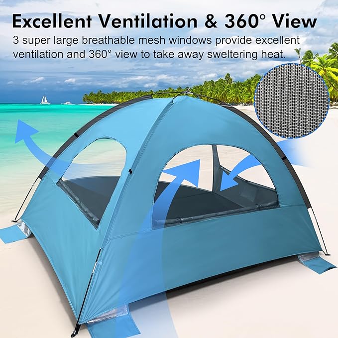 WhiteFang Beach Tent Anti-UV Portable Sun Shade Shelter for 3 Person, Extendable Floor with 3 Ventilating Mesh Windows Plus Carrying Bag, Stakes and Guy Lines (Blue)