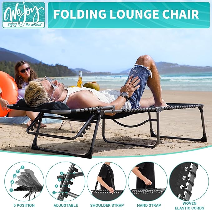 #WEJOY Folding Lounge Chair Outdoor, 5-Position Adjustable Sunbathing Tanning Chair with Shoulder Strap & Side Pocket, Heavy Duty Reclining Chair for Patio Pool Camping, Portable Folding Bed Cot,Black