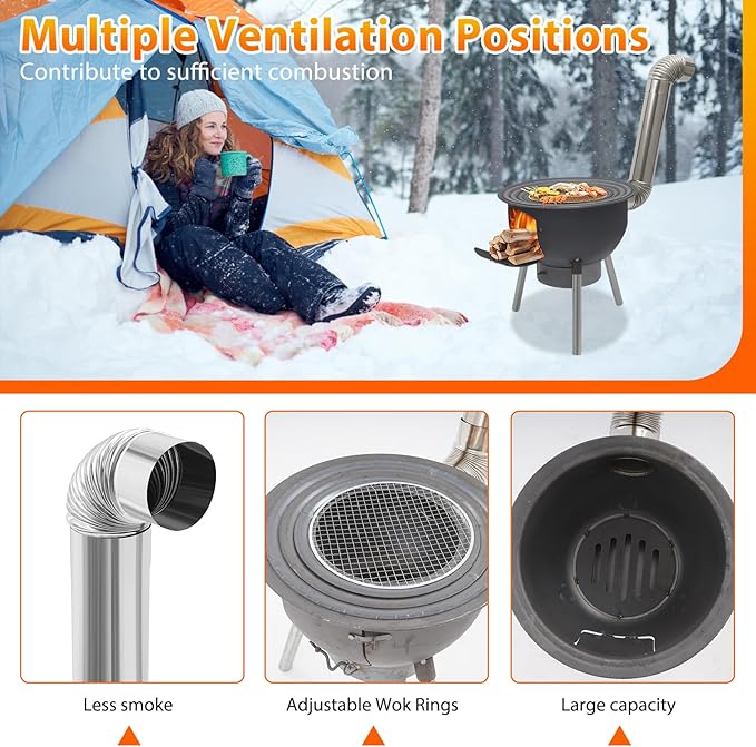 Wood Burning Stove Portable Camping Rocket Stove for Outdoor Cooking Removable Iron Firewood Stove with Grill Rack Charcoal Grill Tent Stoves for Backpacking Hiking (17in-3 Wok Rings-3)