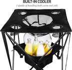 OVENTE Collapsible Folding Camping Table with Insulated Cooler, 4 Cup Holders, Food Basket and Travel Bag, Portable Tailgating Table for Fishing, Outdoor Barbecue or Beach Parties, Black POTC0014B