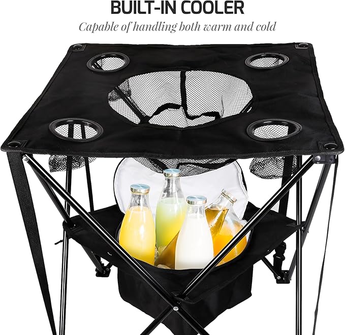 OVENTE Collapsible Folding Camping Table with Insulated Cooler, 4 Cup Holders, Food Basket and Travel Bag, Portable Tailgating Table for Fishing, Outdoor Barbecue or Beach Parties, Black POTC0014B