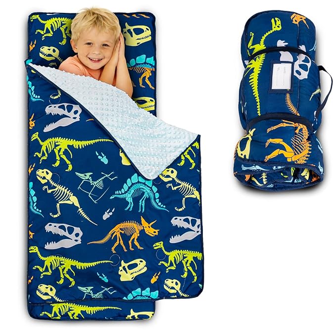 Toddler Nap Mat with Pillow and Minky Blanket, Large 55"x38" Sleeping Bag, Washable, Lightweight, Easy to Roll, Perfect for Preschool, Daycare, Kindergarten, Travel, Boys and Girls-Dinosaur