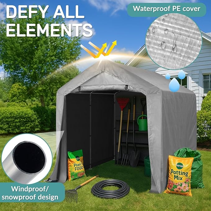 VINGLI Outdoor Portable Storage Shed, Heavy Duty Bike Tent with Roll-up Zipper Door, Waterproof and UV Resistent Carport for Motorcycle, Garden Tools and Firewood (Gray, 8x8x6.7 FT)