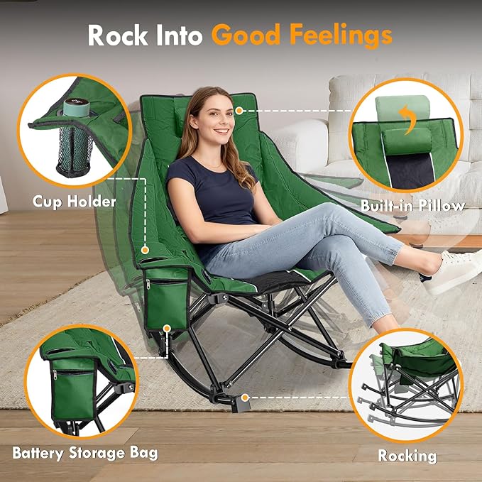 Slendor Oversized Heated Camping Chair, Folding Heated Rocking Chair with Padded Pillow, 3 Adjustable Heat Settings Portable Camp Chair for Outdoor & Indoor Use, NO Power Bank,Green