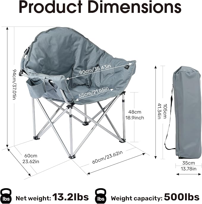 SunSettler Heated Camping Chair, Oversized Heated Outdoor Chairs for Adults with 3 Heat Levels, Portable Folding Padded Chair for Camp, Lawn, Sports (Battery NOT Included) (Grey, Oversized)