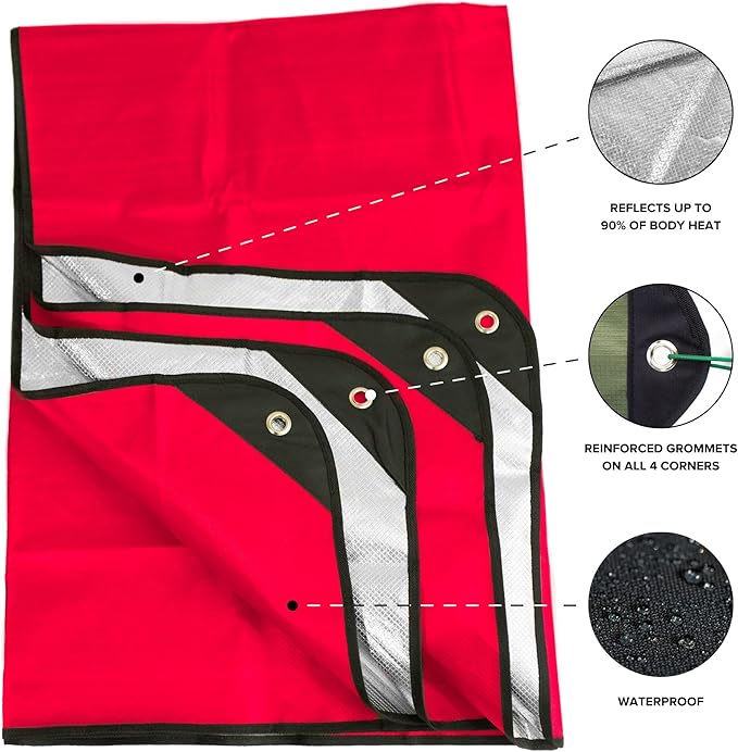 Arcturus Insulated Tarp, Reusable Heavy Duty Thermal Survival Blanket – 60x82in, Reflects 90% Body Heat, Waterproof, Windproof, 3-Layer Design, Reinforced Grommets, Red