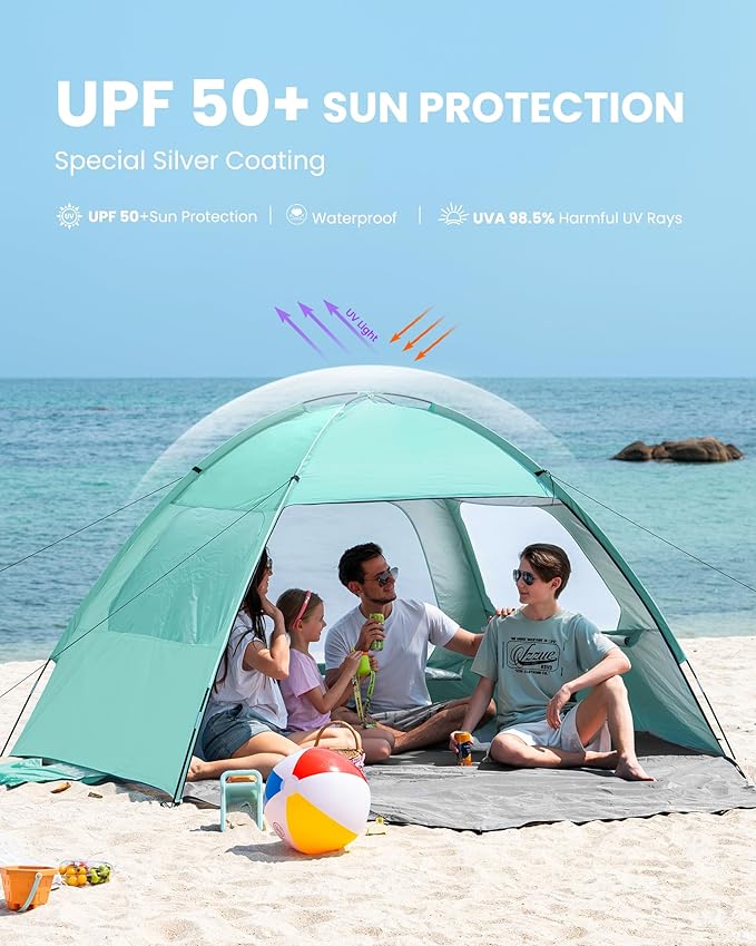 OutdoorMaster Beach Tent for 3/4/6/8 Person - Easy Setup Sun Shade Shelter, Portable Beach Shade Sun Canopy with UPF 50+ UV Protection, Removable Skylight Family Size