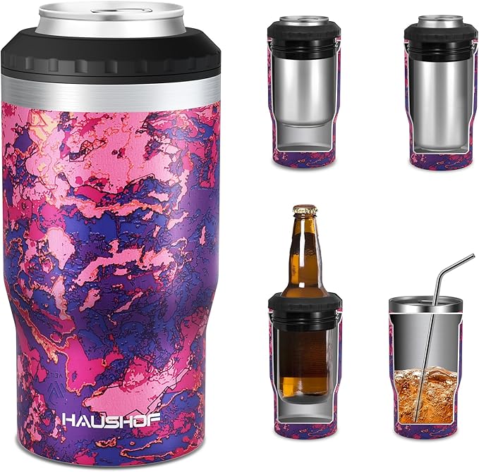 HAUSHOF Can Cooler, 12 oz Slim Can Cooler, 4 in 1 Insulated Beer Can Cooler, Fits for 12 oz Standard Can|12 oz Slim Can|12 oz Beer Bottle, Perfect for Camping, Beach, Picnic