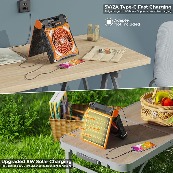 KITWLEMEN Upgraded Solar Camping Fan with Lantern - Rechargeable Battery Operated Fan, 36H Run Time Max, 4 Speeds, 8H Timer, 90° Adjustable Portable Desk Fan for Hurricane, Power Outage, Outdoor Use