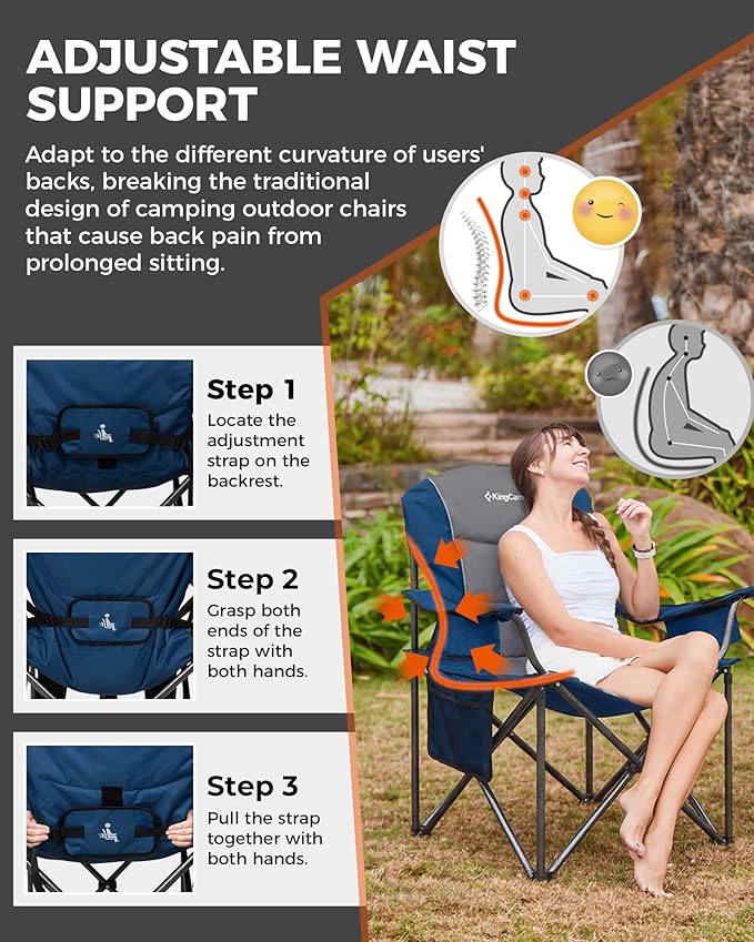 KingCamp Oversized Camping Folding Chair, Heavy Duty 450 LBS with Lumbar Support, Padded seat with Cup Holder&Cooler Bag, Ideal for Camp, Fishing, Sports Event, Backyard, Patio, Lawn(Blue/MediumGrey)