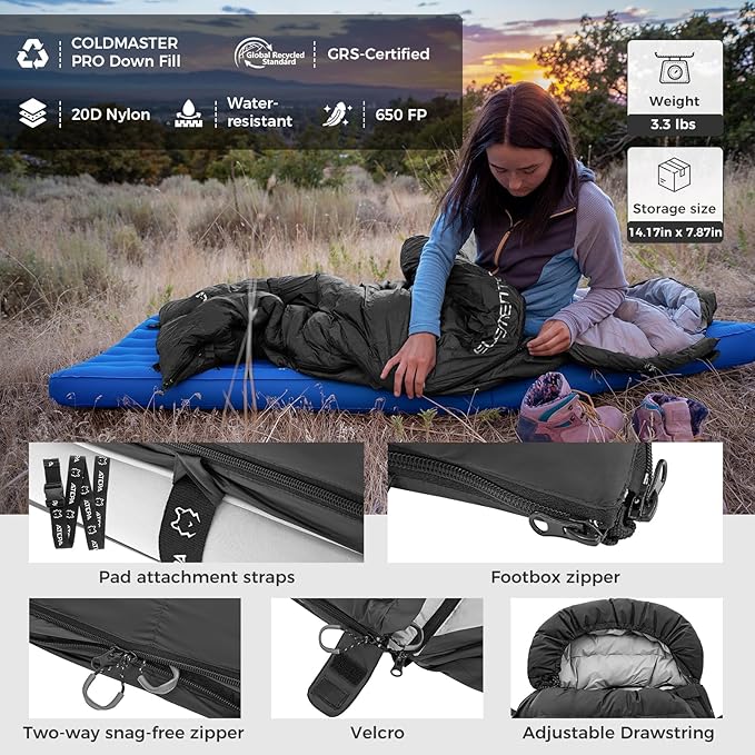 ATEPA Down Sleeping Bag for Adults, 650FP Recycled 30°F 35°F 40°F 45°F 3 Season Wearable Ultralight Packable Compact Sleeping Bags with Compression Sack for Backpacking Camping Hiking