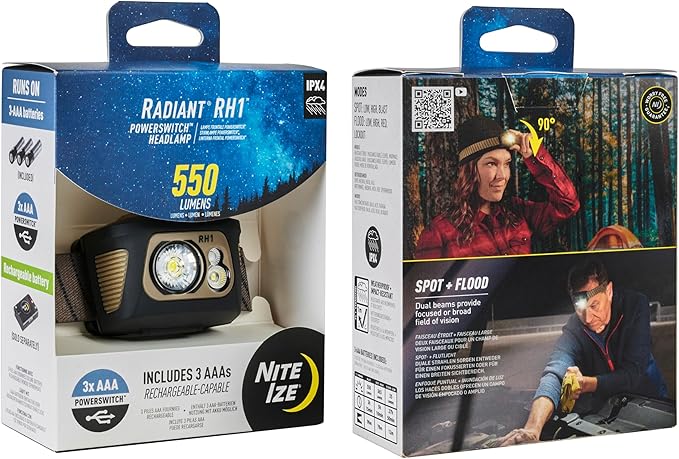 Nite Ize Radiant RH1 PowerSwitch Headlamp - Durable 550 Lumen Headlamp for Visibility at Night - Features Lockout, Spot & Flood Modes, Red/White LEDs, and Innovative PowerSwitch Capabilities