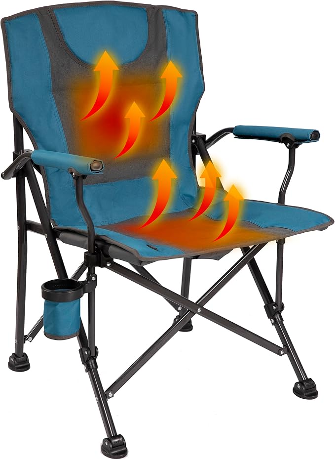 Backyard Expressions Heated Camp Chair with Cupholder – Portable Folding Camping Chair with 3 Heat Settings, USB Powered, Lightweight & Durable – Outdoor Heated Chair for Camping, Tailgating & Sports