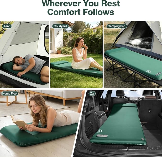 Self Inflating Sleeping Pad with Electric Pump, 3.15" Ultra-Thick Memory Foam Camping Mattress, 4-Season Sleeping Pad with Built-in Pillow for Camping Tent Car Travel