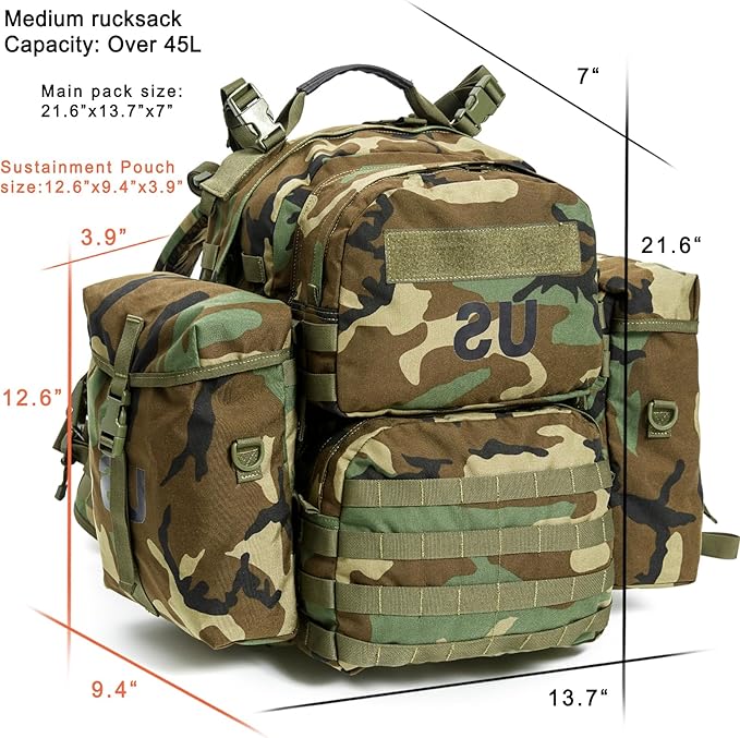 Akmax MOLLE II Medium Rucksack Military Tactical Backpack with Detachable Side Pouches & Upgraded Frame for Enhanced Comfort