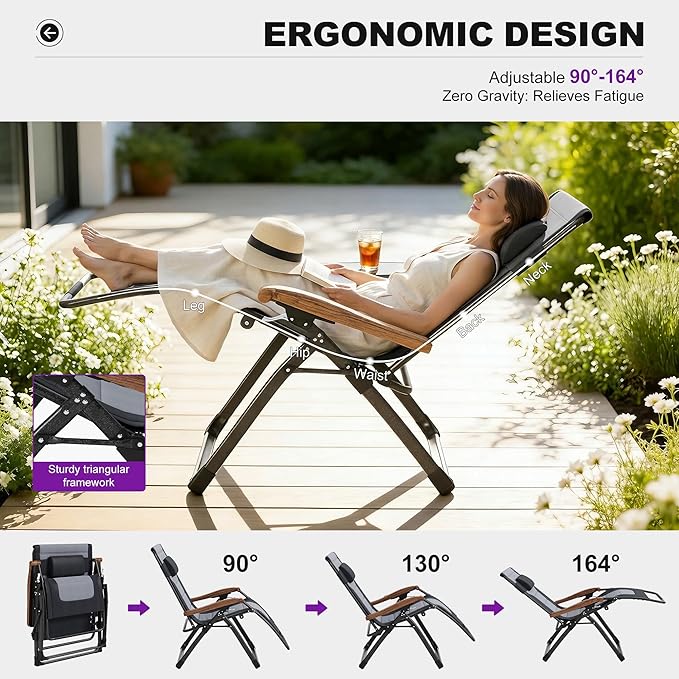 PURPLE LEAF Extra Wide Outdoor Reclining Chair Set of 2 Patio Zero Gravity Chaise Lounge Folding Chair with Quilted Cushion Adjustable Headrest for Lawn Camping Beach Pool Black and Grey