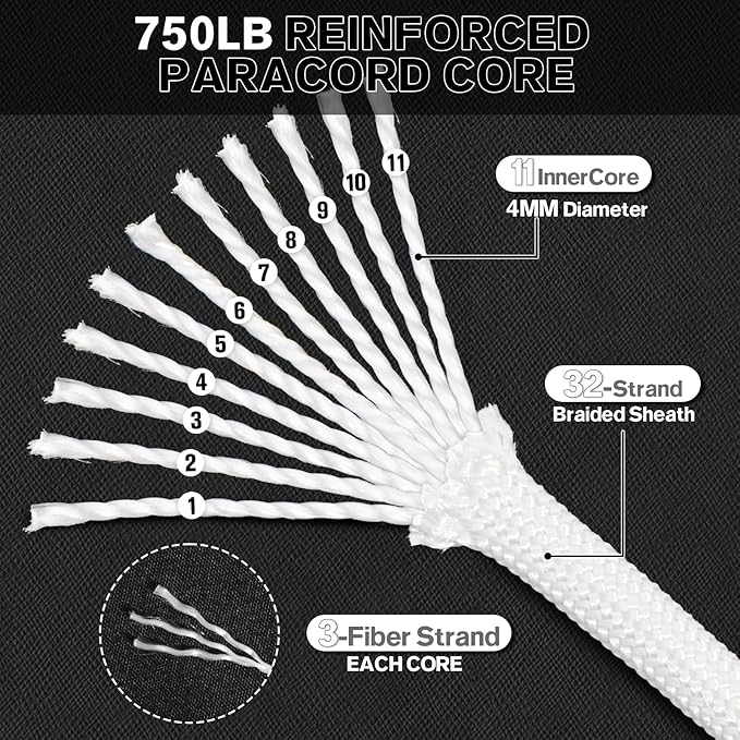 Paracord Rope 750 - Parachute para Cord 4mm 11 Strand Spool Rope Utility Nylon String for Outdoor Camping Survival Utility Tent Crafting DIY Projects - White 100ft