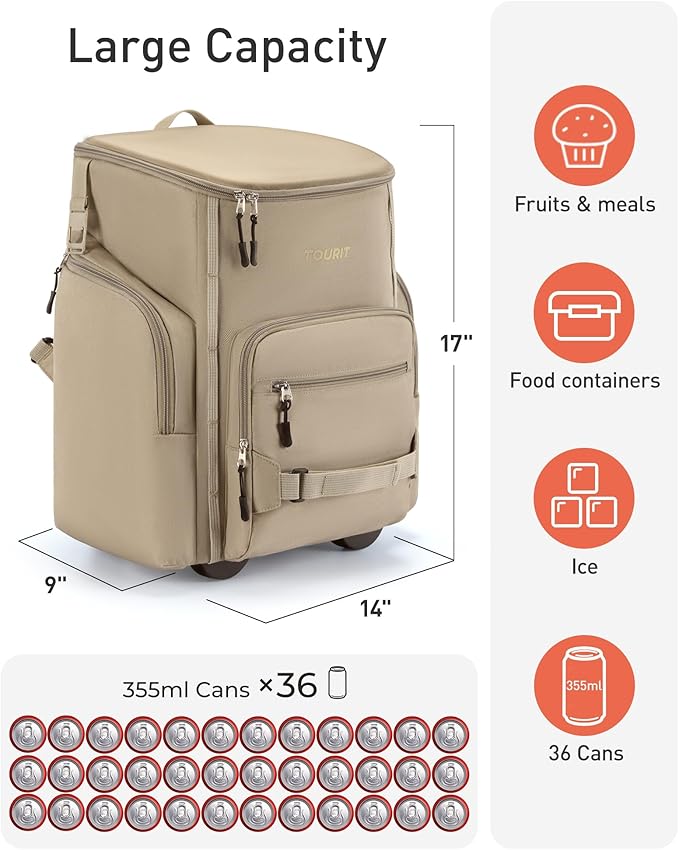 TOURIT Rolling Cooler Backpack: Leakproof Waterproof Insulated 36 Cans Beach Cooler with Wheels and Handle Outdoor Camping Picnic Travel