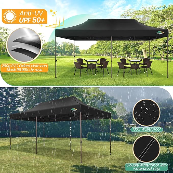 COBIZI 10x20 Pop up Canopy Without Sidewall Heavy Duty Commercial Outdoor Gazebo Easy Up Wedding Party Tents for Parties with Roller Bag, All Season Wind & Waterproof UPF50+(Upgrade Hexagonal Tube)