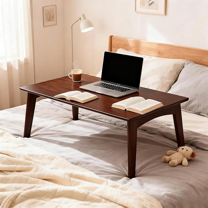 Japanese Floor Table No Assembly Required Bamboo Folding Walnut Coffee Table Bedroom 26x15.8x11.8in Furniture Low Tea Table for Sitting on The Floor Chestnut Large