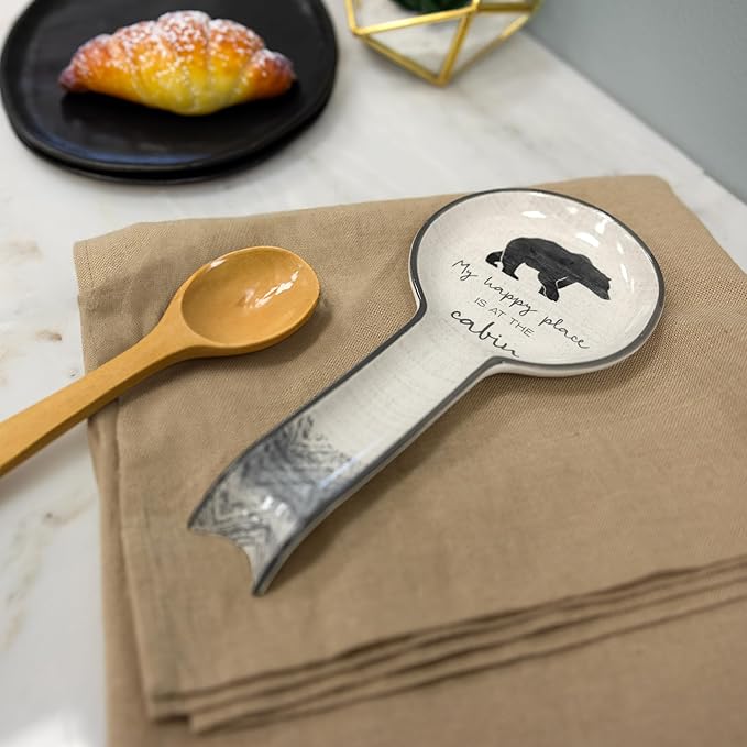 Pavilion Gift Company - At The Cabin - Bear 9" Stoneware Ceramic Spoon Rest Woodsy Outdoorsy Adventure Cabin Camping Camper Camp RV Tent, Gray & White