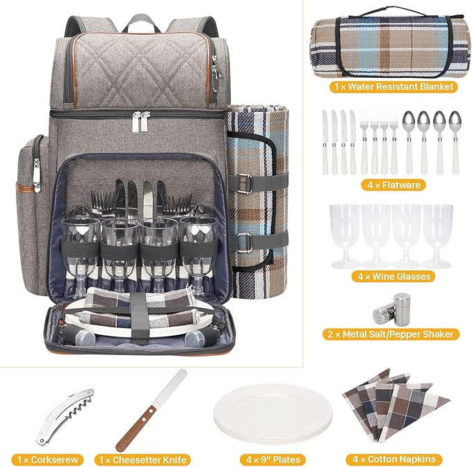 Picnic Backpack for 4, Picnic Basket Set, Leakproof Picnic Bag, Beach Cooler Backpack with Insulated Cooler Wine Pouch,Picnic Blanket, Double Deck Picnic Backpack for Beach,Camping,Park(BrushedKhaki)