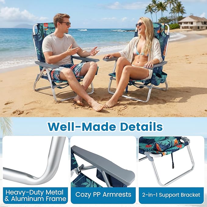 Goplus Beach Chair, Folding Backpack Beach Chairs for Adults with 5 Positions, Head Pillow, Cooler Bag, Towel Bar, Cup Holders, Sunbath Sling Tanning Lounge, Foldable Layout Camping Chairs