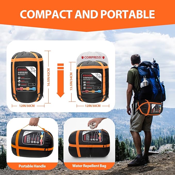 Single Sleeping Bag for Adults Kids 3-Season, Lightweight Waterproof Ripstop, Dual Zipper Bottom Vent, Compression Sack, Portable Camping Hiking Backpacking Gear