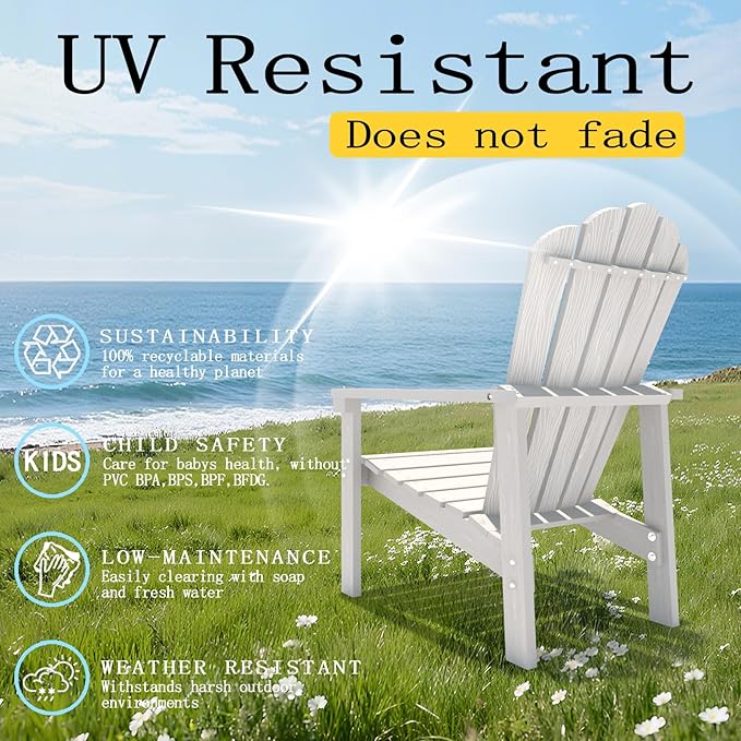 Stackable Adirondack Chair Set of 4, HDPE All-Weather Adirondack Chairs - Durable and Space Saving, Plastic Outdoor Fire Pit Chairs with Cup Holder,White