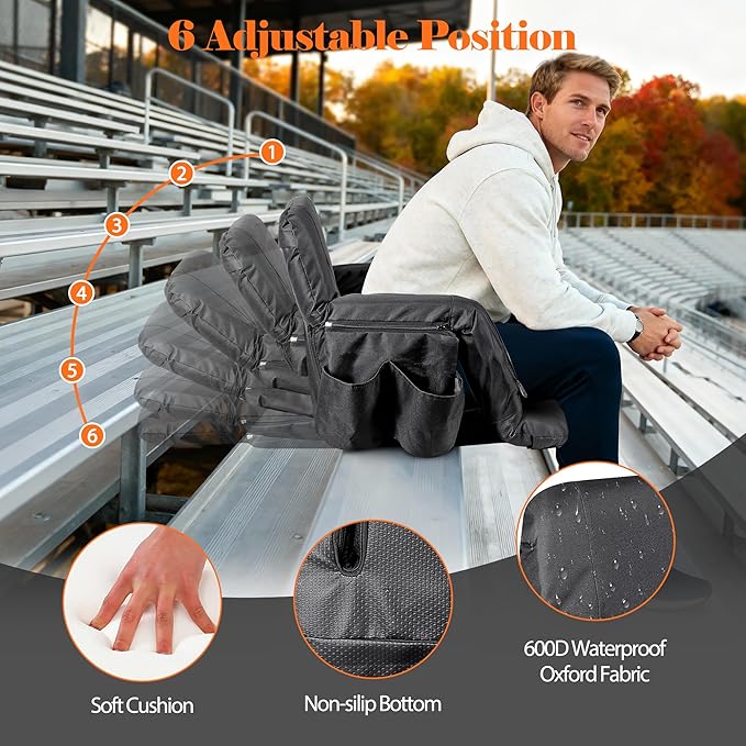 Wide Stadium Seat for Bleachers with Back Support -2 Pack Reclining Adults Camping Stadium Chair Extra Thick Cushion Bleacher Seats Waterproof Black