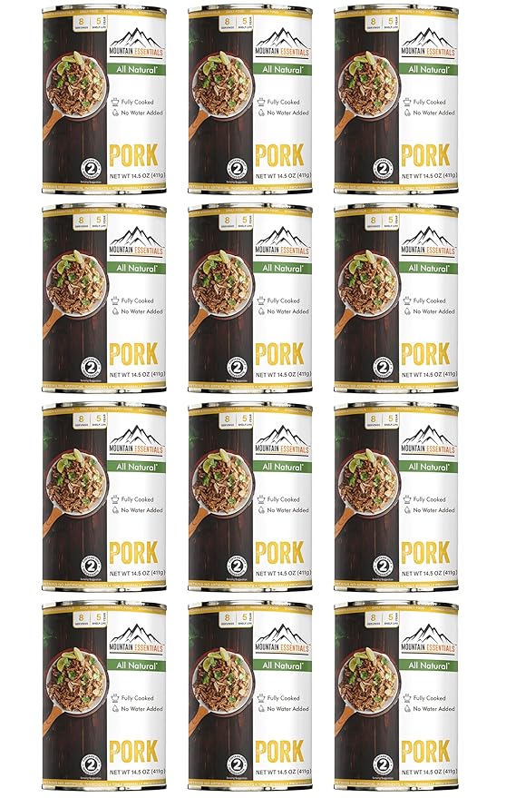 MOUNTAIN ESSENTIALS Canned Pork 14.5 oz – Fully Cooked, Ready to Eat – Pantry Staple Meat for Everyday Meals, Premium Emergency Survival, Bulk Food Storage, Camping, Hiking & Quick Meals – 5-Year Shelf Life – Made in USA – Gluten Free, No Carbs Pack of 12