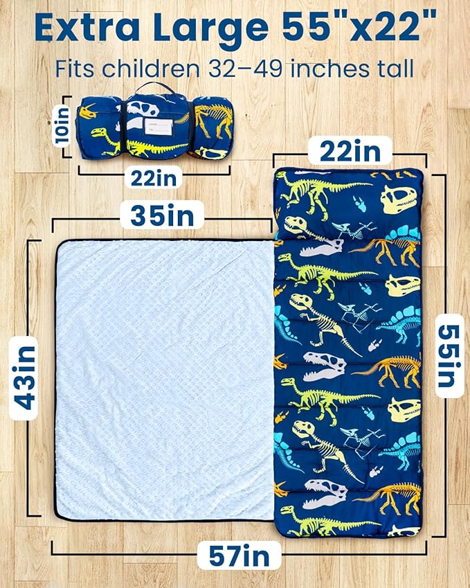 Toddler Nap Mat with Pillow and Minky Blanket, Large 55"x38" Sleeping Bag, Washable, Lightweight, Easy to Roll, Perfect for Preschool, Daycare, Kindergarten, Travel, Boys and Girls-Dinosaur
