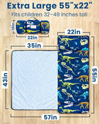Toddler Nap Mat with Pillow and Minky Blanket, Large 55"x38" Sleeping Bag, Washable, Lightweight, Easy to Roll, Perfect for Preschool, Daycare, Kindergarten, Travel, Boys and Girls-Dinosaur