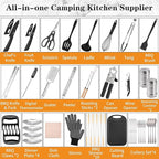 Camping Essentials Cookware Cooking Utensils Set - Portable Camp Kitchen Mess Kit Outdoor Accessories, Stainless Steel & Silicone, Camping Gear Equipment for RV Picnic Grill,Brown Pro