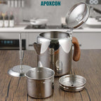 Coffee Percolator Stainless Steel Coffee Maker with Fireproof Solid Wood Handle & Tough Glass Clear Brew Progress Knob Camping Coffee Pot Using on any Stovetop NO Aluminum NO Plastic (6 Cup)