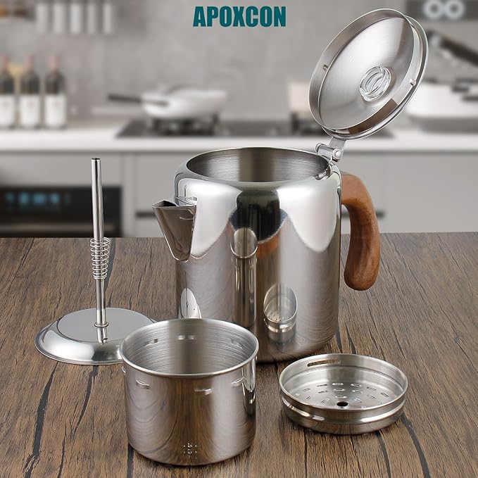 Coffee Percolator Stainless Steel Coffee Maker with Fireproof Solid Wood Handle & Tough Glass Clear Brew Progress Knob Camping Coffee Pot Using on any Stovetop NO Aluminum NO Plastic (6 Cup)