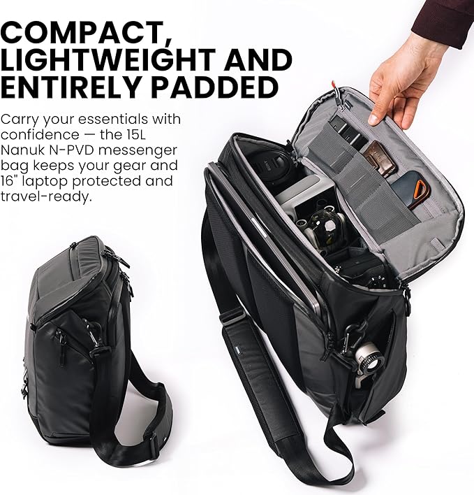 NANUK N-PVD 15L Camera Messenger Bag for Photographers – Lightweight & Hightly Water Resistant – Hardshell Design Fits 1 Camera Body, 2 Lenses, Drone, Tripod, 16″ Laptop, & More