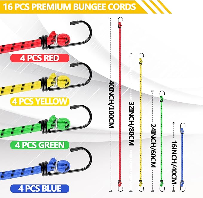 Veppak-Bungee Cords with Hooks, 16 Pack Elastic Bungee Straps Includes 40",32", 24", 16",Heavy Duty Outdoor Bungie Straps to Packing for Camping, Tent, Storing Packages, Fastening Items
