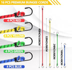 Veppak-Bungee Cords with Hooks, 16 Pack Elastic Bungee Straps Includes 40",32", 24", 16",Heavy Duty Outdoor Bungie Straps to Packing for Camping, Tent, Storing Packages, Fastening Items
