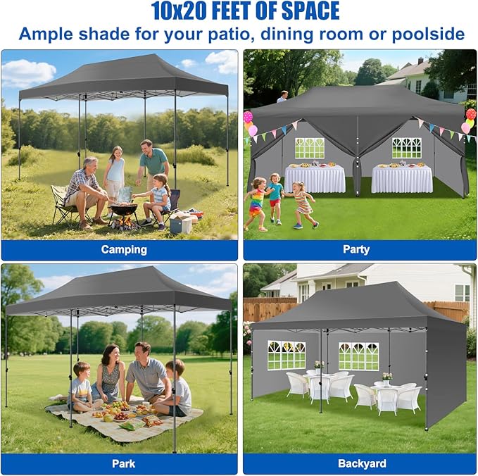 Yesker 10x20 Pop Up Canopy Tent with Sidewalls Instant Outdoor Canopy, Waterproof & UV Protection, Easy Setup Adjustable Height Heavy Duty Shelter Gazebo Tent for Patio Backyard Party Events, Gray