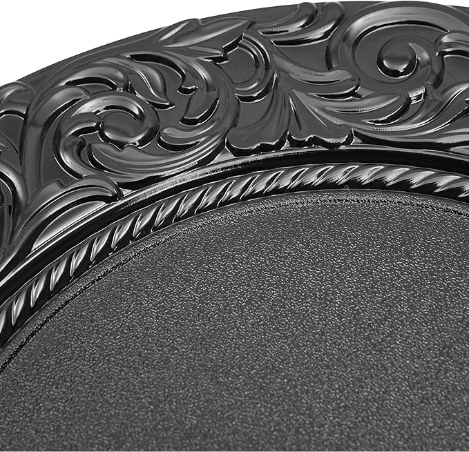 DYRABREST 100 Pcs 13 Inch Black Charger Plates, Bulk PP Wedding Chargers with Floral Reef Design Decorative Round Ruffled Rim Dinner Plates for Wedding Party Event Table Setting Decoration