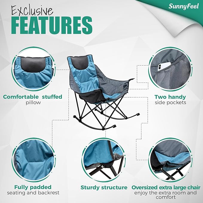 SUNNYFEEL Rocking Camping Chair 2 Pack, Luxury Padded Recliner, Oversized Folding Lawn Chair with Pocket, Heavy Duty for Outdoor/Picnic/Lounge/Patio, Portable Camp Rocker Chairs with Carry Bag