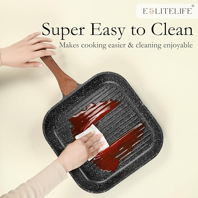ESLITE LIFE 11 Inch Nonstick Grill Pan for Indoor Cooking, Versatile Induction Square Large Grilling Skillet Steak Pan for Stove Tops, PTFE & PFOA Free, Black