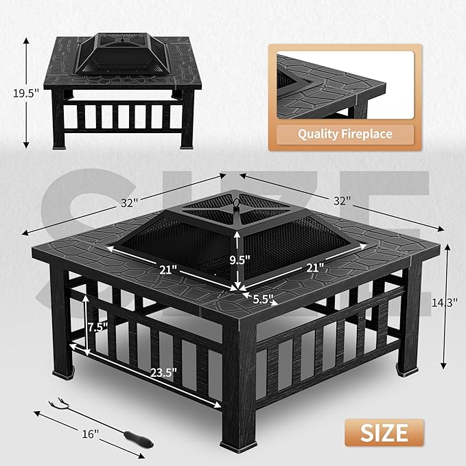 Greesum Multifunctional Patio Fire Pit Table, 32in Square Metal BBQ Firepit Stove Backyard Garden Fireplace with Spark Screen Lid and Rain Cover for Camping, Bonfire and Picnic, Silver