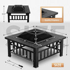 Greesum Multifunctional Patio Fire Pit Table, 32in Square Metal BBQ Firepit Stove Backyard Garden Fireplace with Spark Screen Lid and Rain Cover for Camping, Bonfire and Picnic, Silver
