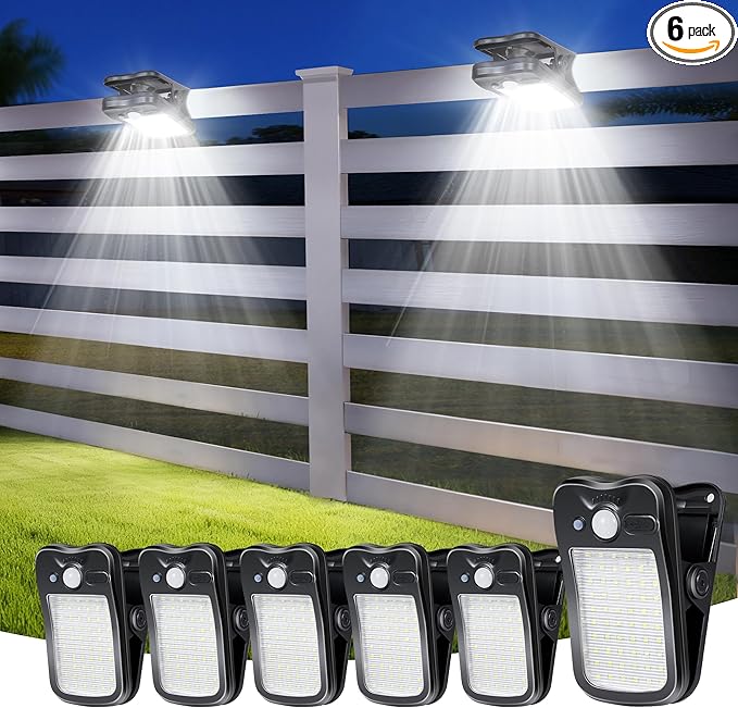 Clip on Solar Lights for Fence, 3 Modes Solar Motion Lights Outdoor Waterproof, 60LEDs 500LM Portable Security Light for Fence, Deck, Garage, Camping, USB Charging, 6 Black