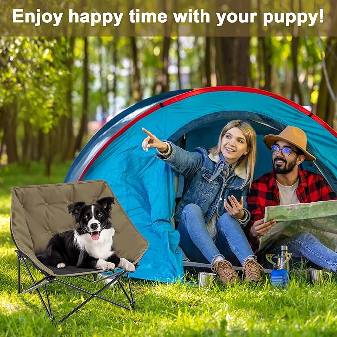 Portable Dog Camping Chairs for Dogs Raised Pet Bed for Outdoor Folding Chair Patio Lazy Puppy Cot Heavy Duty Pet Camping Gear(28x 24 x 22 Inches,Brown)